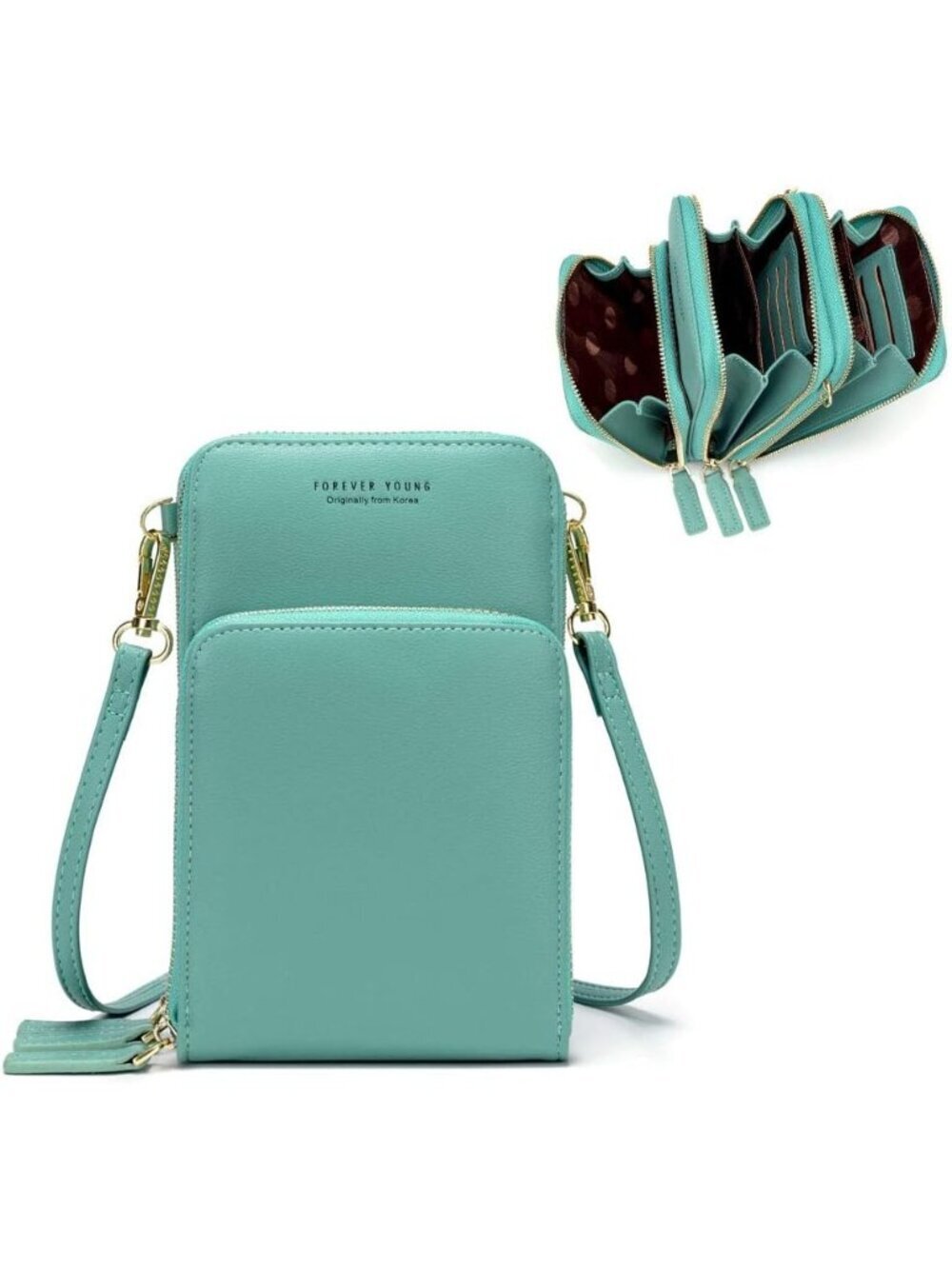 Women's Light Green Small Leather with Guitar Strap Crossbody bags with 2 Slots
